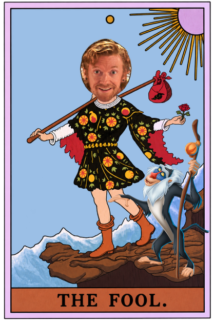 Bootsy as The Fool tarot card: stepping out on a cliff edge with a bundle and a rose, Rafiki from The Lion King alongside